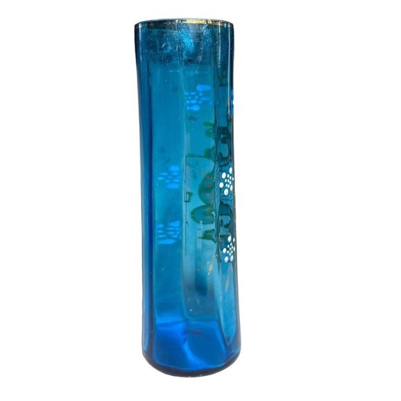 Rare Vintage Hand Painted Blue and Gold Enameled Glass Bud Vase - Picture 5 of 8